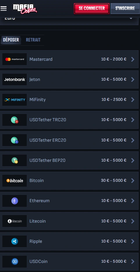 mafiacasino mobile payments page